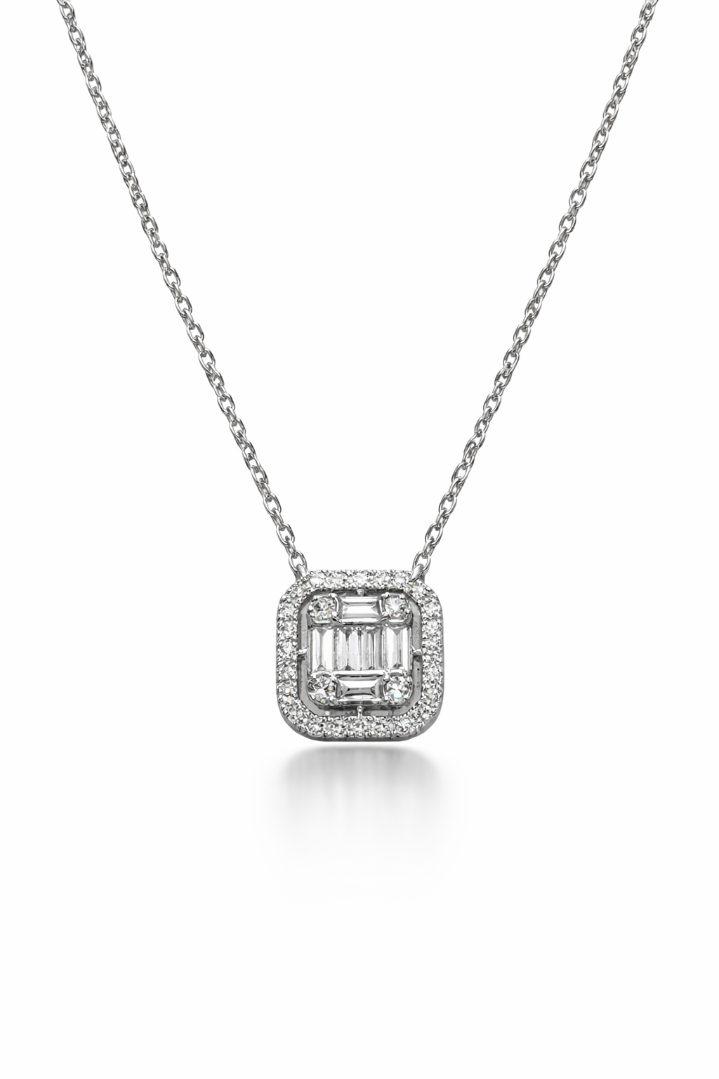 White gold diamond baguette necklace