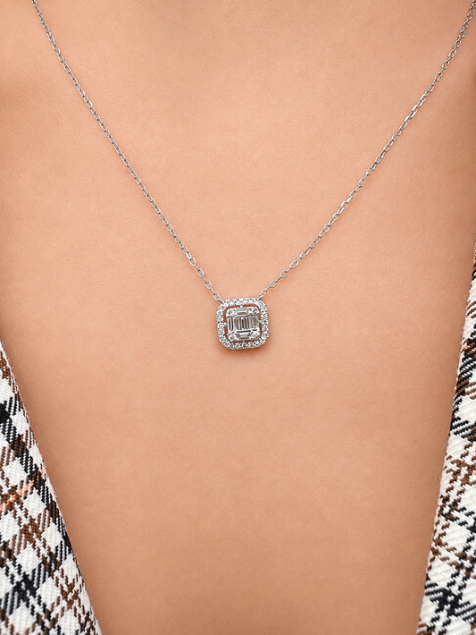 White gold diamond baguette necklace